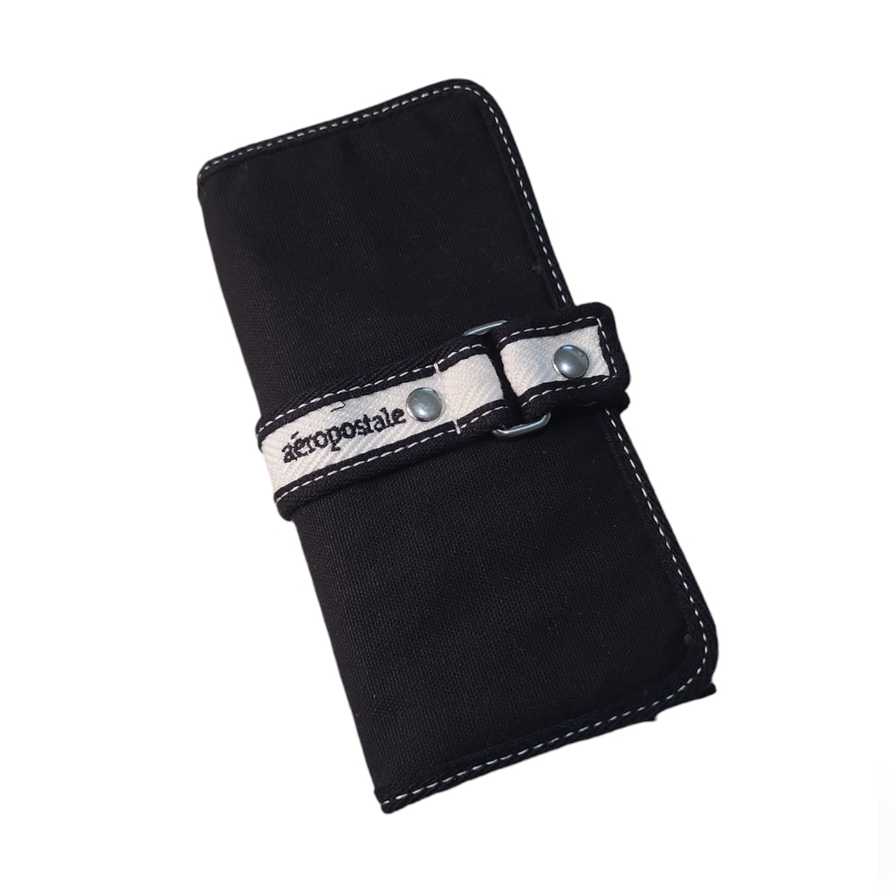 New Aeropostale black canvas trifold wallet purse w/ white strap